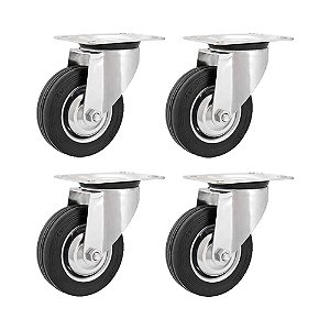 KIT 4 UN RODÍZIO GIRATÓRIO BORRACHA PRETA 4" 101MM 60KG LEVE