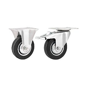 KIT 2 UN RODÍZIO FIXO GIRATÓRIO FREIO BORRACHA PRETA 4" 60KG