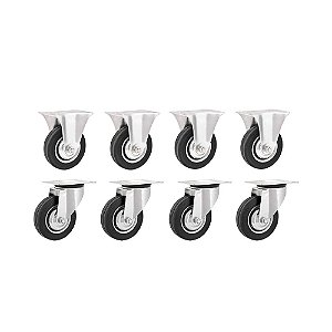 KIT 8 UN RODÍZIO FIXO GIRATÓRIO BORRACHA PRETA 3" 76MM 40KG