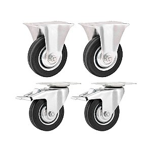 KIT 4 UN RODÍZIO FIXO GIRATÓRIO FREIO BORRACHA PRETA 3" 40KG