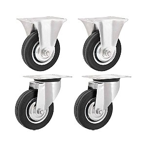 KIT 4 UN RODÍZIO FIXO GIRATÓRIO BORRACHA PRETA 3" 76MM 40KG