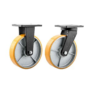 KIT 2 UN RODÍZIO RODA FIXO E GIRATÓRIO POLIURETANO 8" 203MM