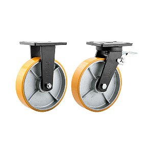 KIT 2 UN RODÍZIO FIXO GIRATÓRIO FREIO POLIURETANO 8" 203MM