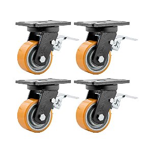 KIT 4 UN RODÍZIO RODA GIRATÓRIO FREIO POLIURETANO 5" 127MM