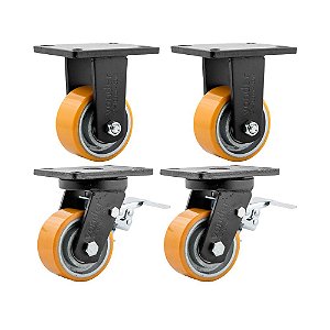 KIT 4 UN RODÍZIO RODA FIXO GIRATÓRIO FREIO POLIURETA 4 101MM
