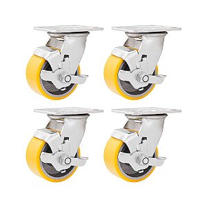 KIT 4 UN RODÍZIO GIRATÓRIO FREIO POLIURETANO 6 152MM 300KG