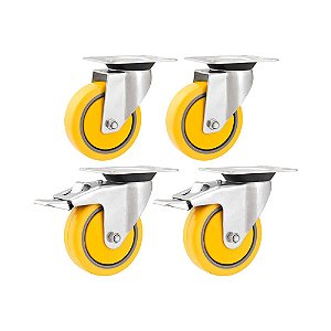 KIT 4 UN RODÍZIO RODA GIRATÓRIO E FREIO PVC AMARELA 4" 101MM