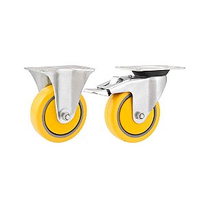 KIT 2 UN RODÍZIO RODA FIXO E GIRATÓRIO FREIO PVC AMARELA 4"