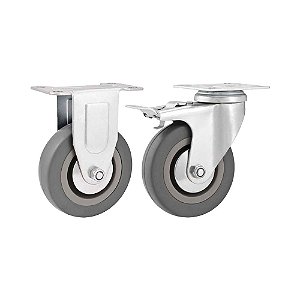 KIT 2 UN RODÍZIO RODA FIXO GIRATÓRIO FREIO PVC CINZA 4 101MM