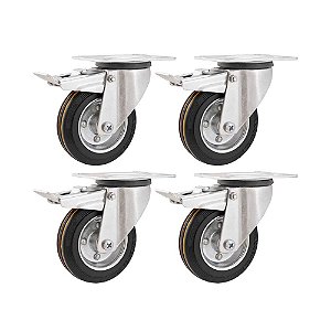 KIT 4 UN RODÍZIO GIRATÓRIO FREIO BORRACHA PRETA 6" 152MM