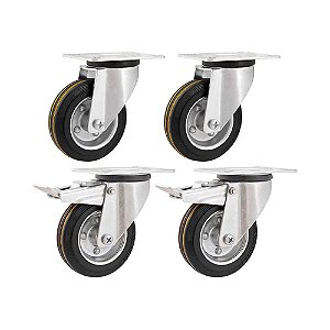 KIT 4 UN RODÍZIO GIRATÓRIO FREIO BORRACHA PRETA 6" 152MM
