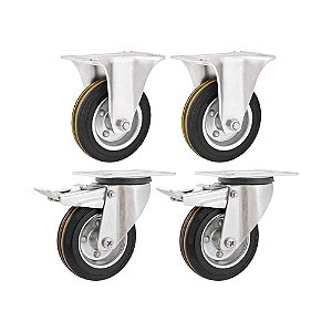 KIT 4 UN RODÍZIO FIXO GIRATÓRIO FREIO BORRACHA PRETA 5 127MM
