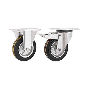 KIT 2 UN RODÍZIO FIXO GIRATÓRIO FREIO BORRACHA PRETA 5 127MM