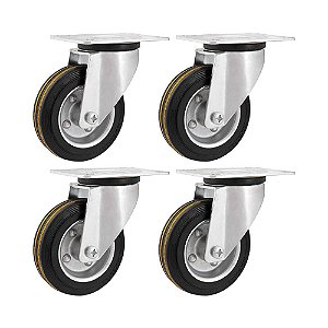 KIT 4 UN RODÍZIO GIRATÓRIO BORRACHA PRETA AÇO 3" 76MM 60KG