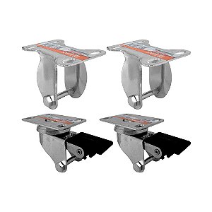 KIT 4 UN SUPORTE GARFO FIXO E GIRATÓRIO FREIO 2 POL P/RODÍZIO