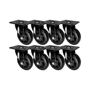 KIT 8 UN RODA RODÍZIO GIRATÓRIO PVC PRETO 3 POL 75MM MÓVEL
