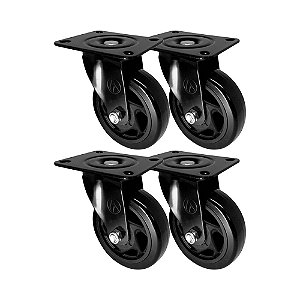 KIT 4 UN RODA RODÍZIO GIRATÓRIO PVC PRETO 3 POL 75MM MÓVEL