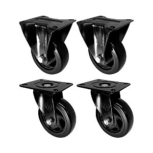 KIT 4 UN RODA RODÍZIO FIXO GIRATÓRIO PVC PRETO 3 POL 75MM