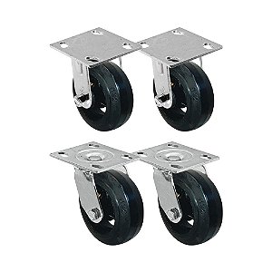 KIT 4 UN RODA RODÍZIO FIXO GIRATÓRIO BORRACHA MOLDADA 6 POLEGADAS