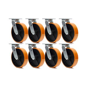 KIT 8 UN RODA RODÍZIO GIRATÓRIO POLIURETANO FERRO PU 8 POLEGADAS