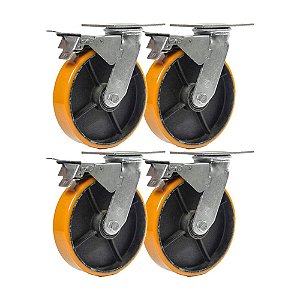 KIT 4 UN RODÍZIO GIRATÓRIO TRAVA POLIURETANO FERRO PU 8"