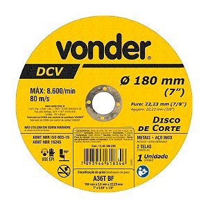DISCO DE CORTE 180 MM X 2,0 MM X 22,23 MM DVC VONDER
