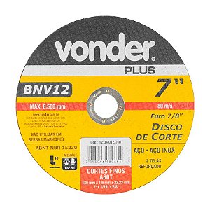 DISCO DE CORTE 180 MM X 1,6 MM X 22,23 MM BNV12 VONDER PLUS