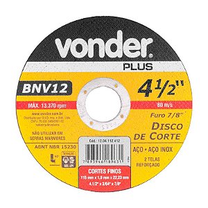 DISCO DE CORTE 115 MM X 1,0 MM X 22,23 MM BNV12 VONDER PLUS