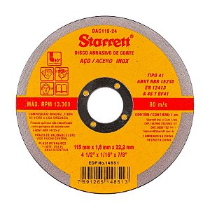 DISCO DE CORTE 115MM X 1,6MM X 22,23MM DAC115 24 STARRETT