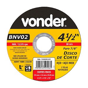 KIT 25 DISCO DE CORTE 115MM X 1,6MM X 22,23MM BNV02 VONDER