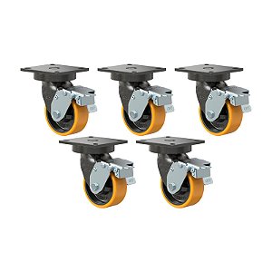 KIT 5 RODÍZIO GIRATÓRIO FREIO PU MOLDADO GMX 52 PE FPD 600KG