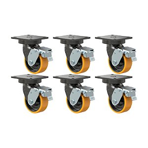 KIT 6 RODÍZIO GIRATÓRIO FREIO PU MOLDADO GMX 52 PE FPD 600KG