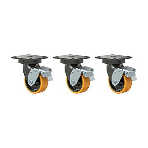 KIT 3 RODÍZIO GIRATÓRIO FREIO PU MOLDADO GMX 52 PE FPD 600KG