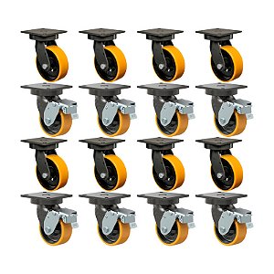 KIT 16 RODÍZIO GIRATÓRIO FREIO PU MOLDADO GMX52 PE FPD 600KG