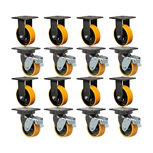 KIT 16 RODÍZIO FIXO GIRATÓRIO FREIO PU MOLDADO MX52 PE 600KG
