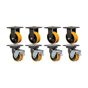KIT 8 RODÍZIO FIXO GIRATÓRIO FREIO PU MOLDADO MX 52 PE 600KG