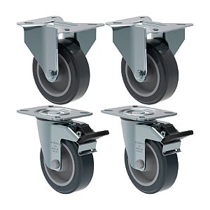 KIT 4 RODÍZIO FIXO GIRATÓRIO FREIO PVC CINZA 412 BP SM 65KG