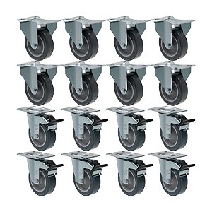 KIT 16 RODÍZIO FIXO GIRATÓRIO FREIO PVC CINZA 412 BP SM 65KG