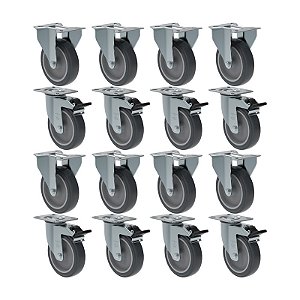 KIT 16 RODÍZIO FIXO GIRATÓRIO FREIO PVC CINZA 512 BP SM 75KG