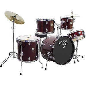 Bateria Acústica 2t Cromada Vinho Com Banco Ny-f1rst