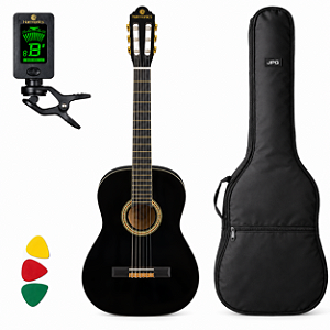 Kit Violão Nylon Harmonics Preto para Estudantes Iniciantes, com Capa, Afinador e Palheta
