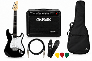 Kit Guitarra Giannini Preto com Amplificador Meteoro, Capa, Correia e Palheta