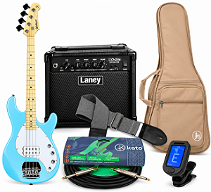 Kit Contrabaixo Waldman MB-100 LB Light Blue com Amplificador Laney 15W, Capa e Acessórios