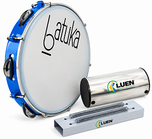 Kit de Percussão Luen – Pandeiro Batuka Azul 10", Ganza e Reco-Reco de Alumínio