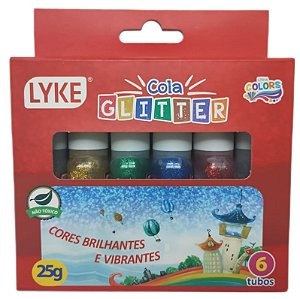 Cola Colorida  com Gliter 25g  - Caixa com 6 Tubos  - Lyke