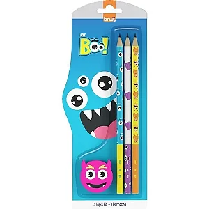 Kit Escolar Monster 3 Lápis Estampado + 1 Borracha