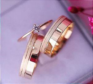 Par Aliança Harmonia 6mm Banhada a Ouro 18K com solitário