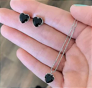 Conjunto Colar e Brinco de Coração 7mm em Prata 925
