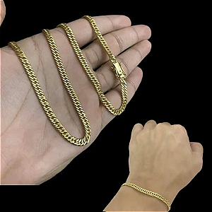 Kit Corrente e Pulseira Duplo Grumet Banhado a ouro 18K