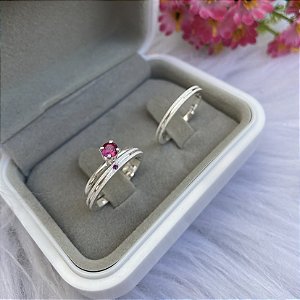 Par Aliança Encanto Prateado 3mm com Solitário